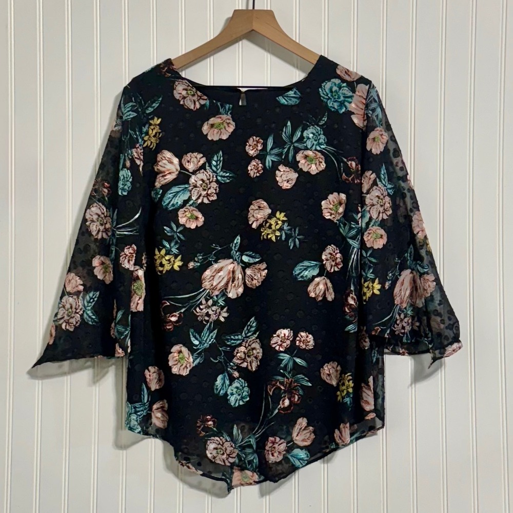 Roz‎ & Ali 1X Black Floral Sheer Bell Sleeve Top Whimsigoth Dark Boho Chiffon